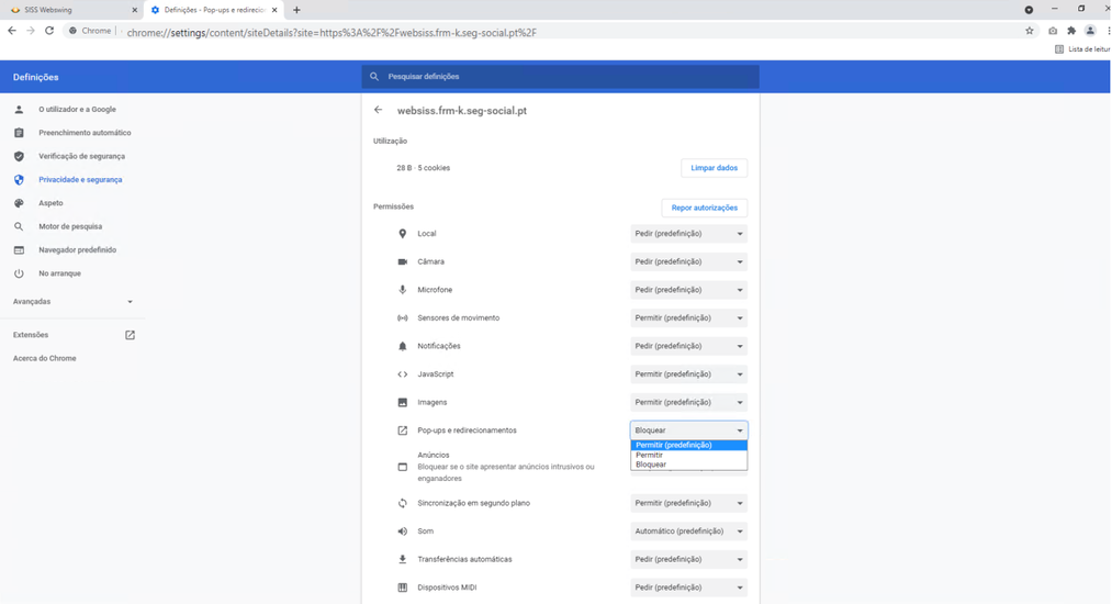 Selecionar Permitir(predefinições) em Pop-ups e redirecionamentos
